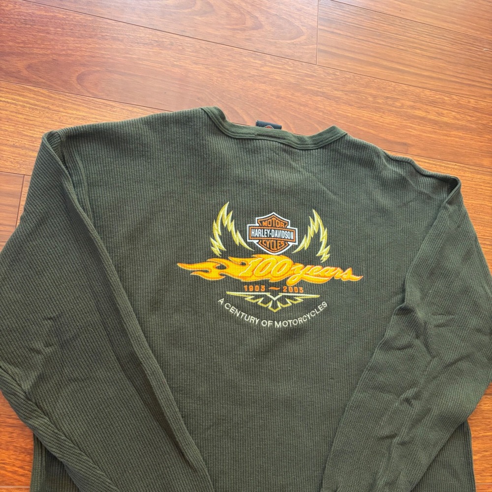 Vintage 03' USA Made Harley Davidson Anniversary Waffle Thermal Henley Shirt 2XL
